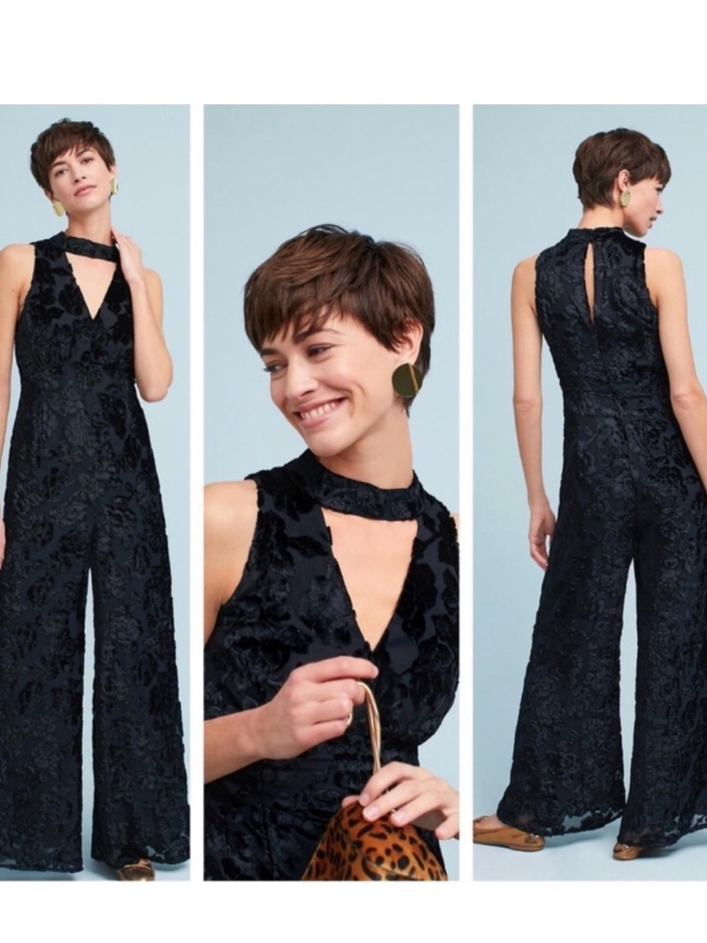 Mauve Black Sleeveless V-Neck Velvet-Print Jumpsuit